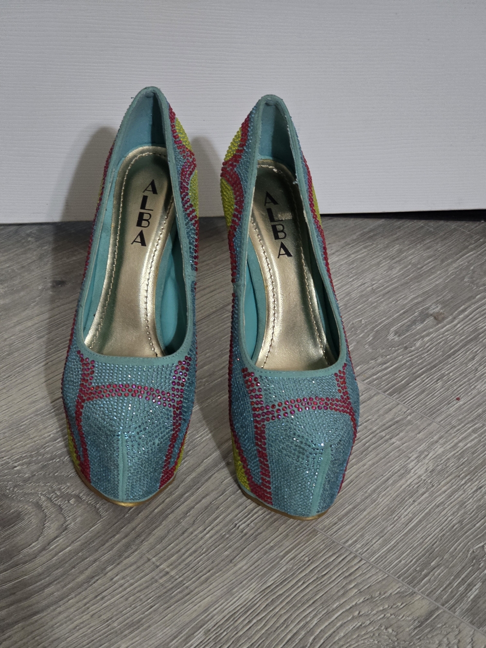 Alba Rhinestone Platform Stiletto Heels – Turquoise Pink & Lime Size 6.5